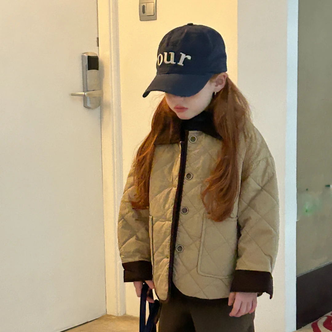【冬】女童韩系菱格棉服外套卡其色外套2025冬季女童新款时尚外套