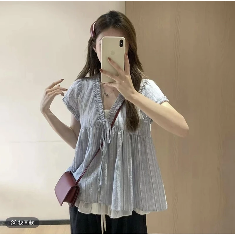 2025新款夏季气质通勤假两件宽松衬衫条纹薄款显瘦短袖设计感