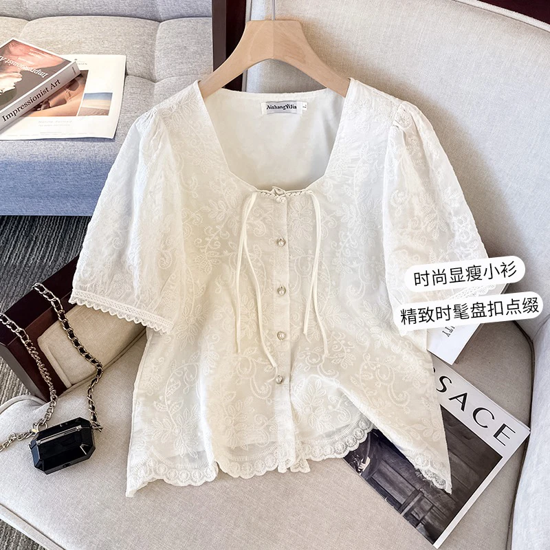 67056大码女装胖mm夏季方领盘扣刺绣国风气质减龄百搭洋气上衣