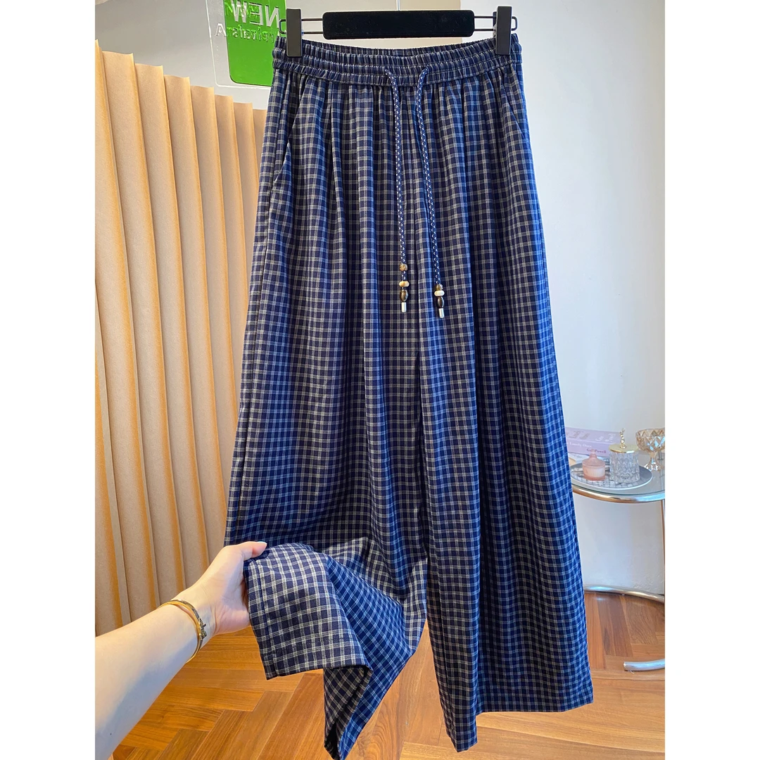 胖妹妹240斤大码蓝色复古格子阔腿裤女秋季新款宽松直筒裤休闲裤