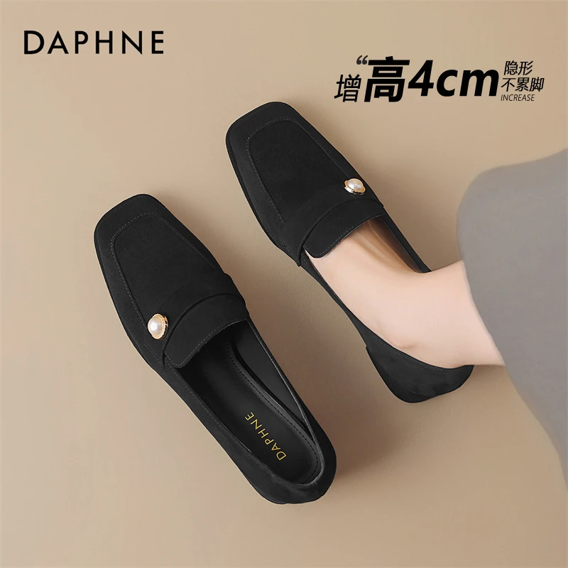 达芙妮复古乐福鞋女2025年春秋新款方头绒面小皮鞋一脚蹬粗跟单鞋