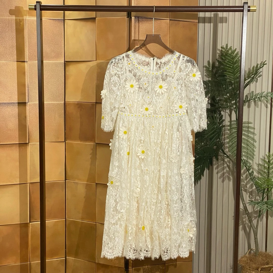 DG 西西里秀款小雏菊满印蕾丝连衣裙/42码/全新原吊/女24844