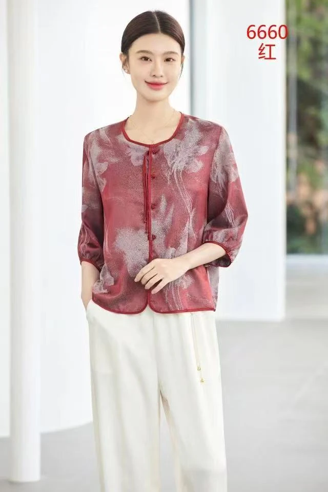 衬衫上衣民族风中袖小衫薄款女装纽扣常规款圆领中老年女装休闲