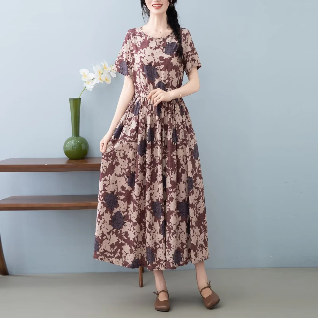 朵朵-夏季新款文艺复古收腰显瘦中长款气质棉麻碎花女装连衣裙子