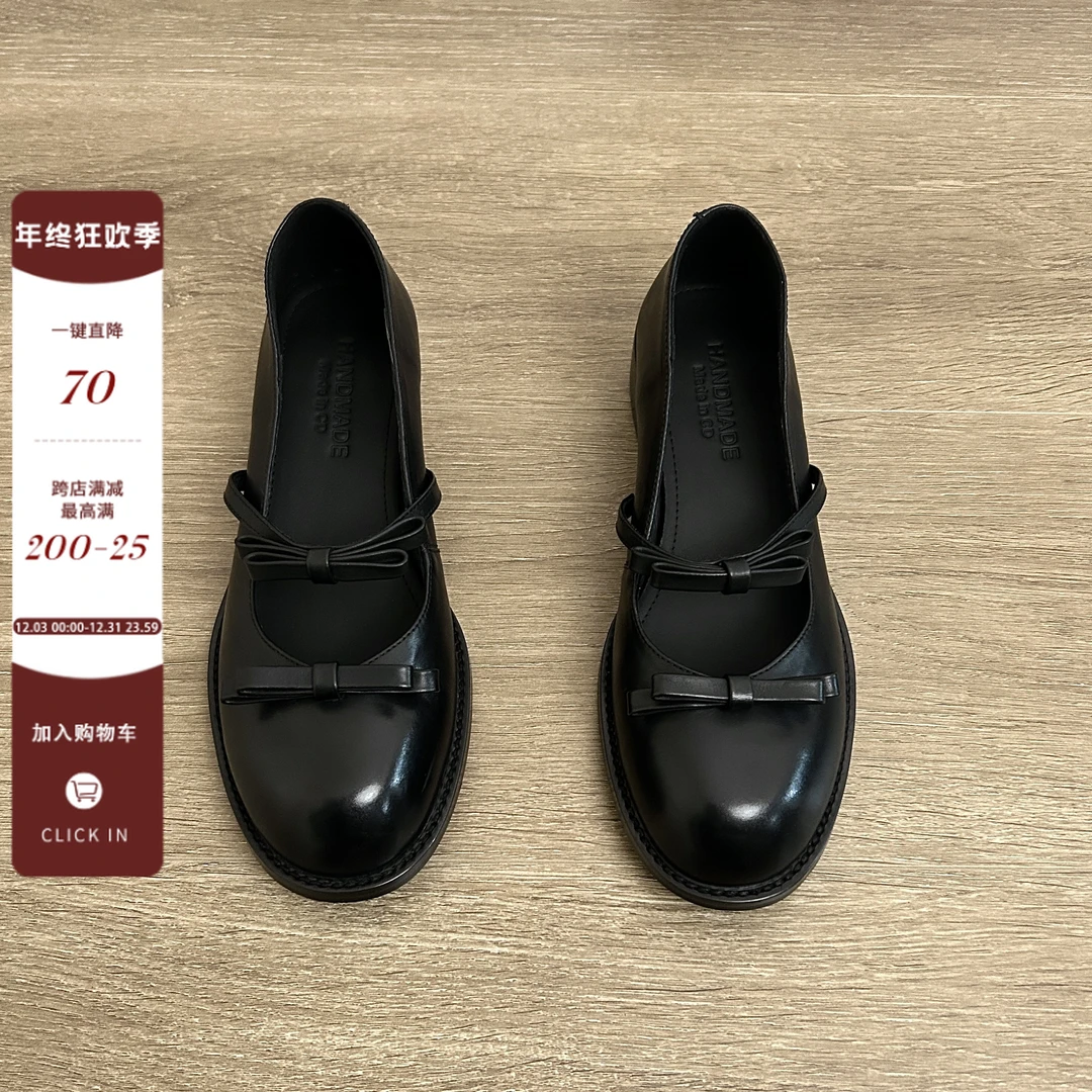 Dannyfrey复古圆头蝴蝶结粗跟玛丽珍头层小牛皮英伦学院风小皮鞋