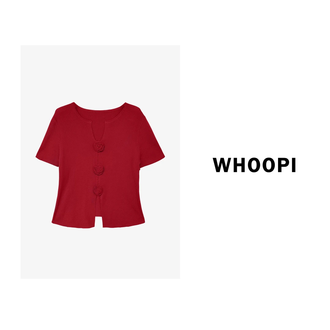 【Whoopi】【玫瑰的故事】设计感修身开叉V领立体花朵短袖