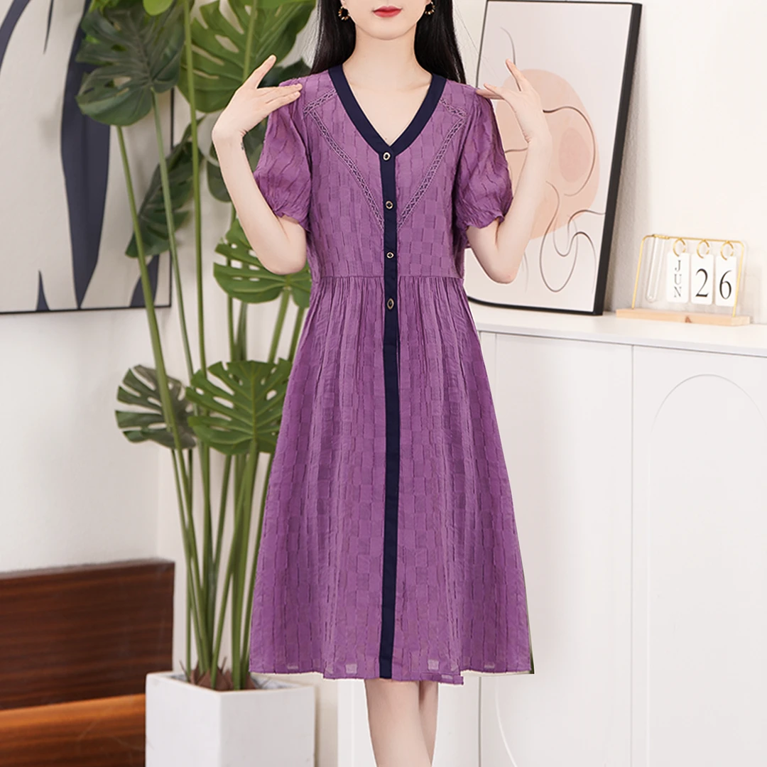 【春夏新款】韩版v领时尚拼接撞色休闲中长款连衣裙BS3810裙长98