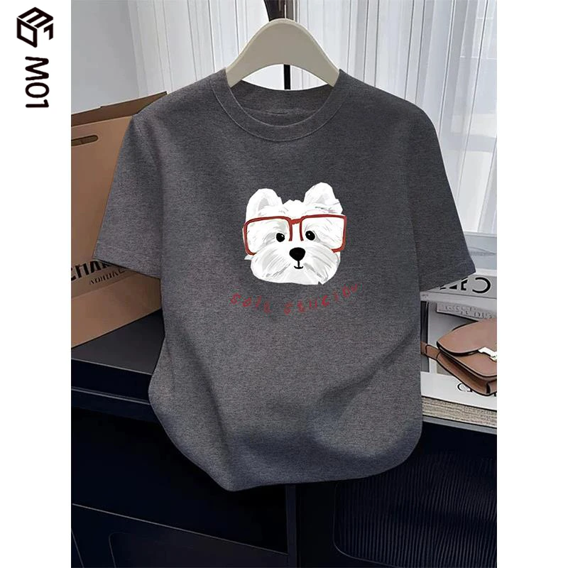 M01正肩圆领短袖t恤女2025夏季新款时尚百搭深灰色上衣打底衫潮流