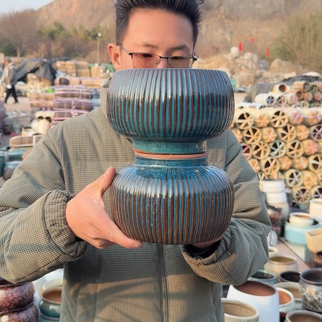 紫砂花盆口16.5高13（两个拼竖条绿外贸