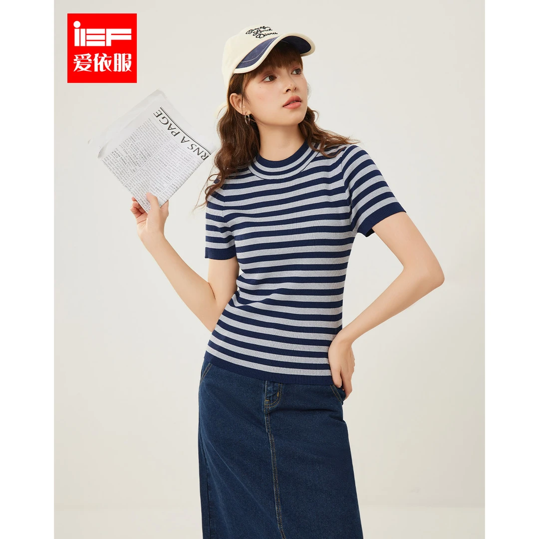 IEF/爱依服2025秋季新款韩系风简约条纹显瘦休闲通勤百搭毛织上衣