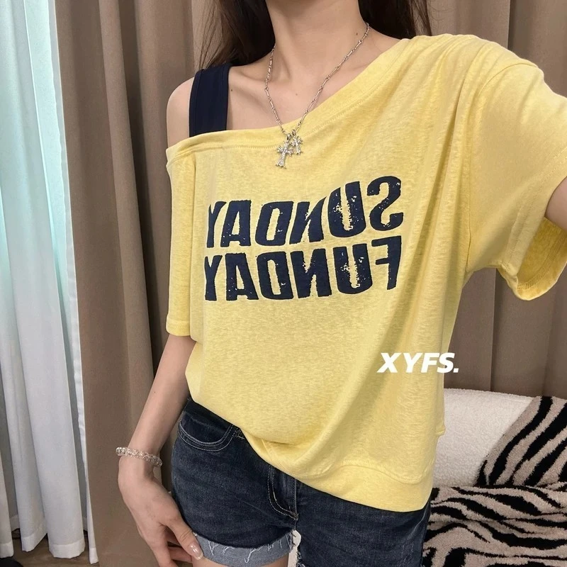 芷蕾大码美式露肩正肩短袖t恤夏季2025新款胖妹妹遮肉遮肚子上衣