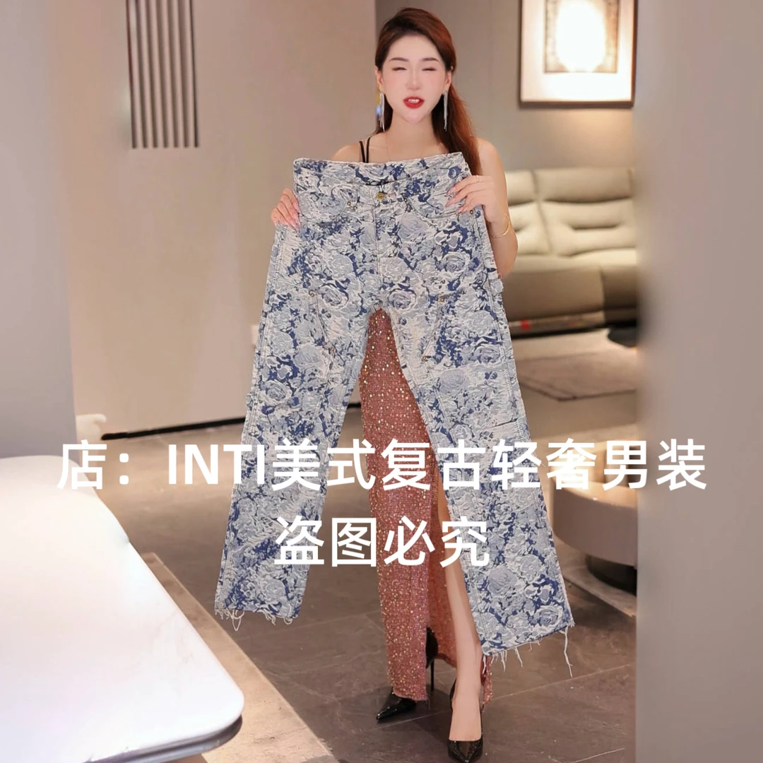 INTI秋冬季高端美式提花拼接高街男士牛仔裤宽松直筒阔腿裤大裤脚