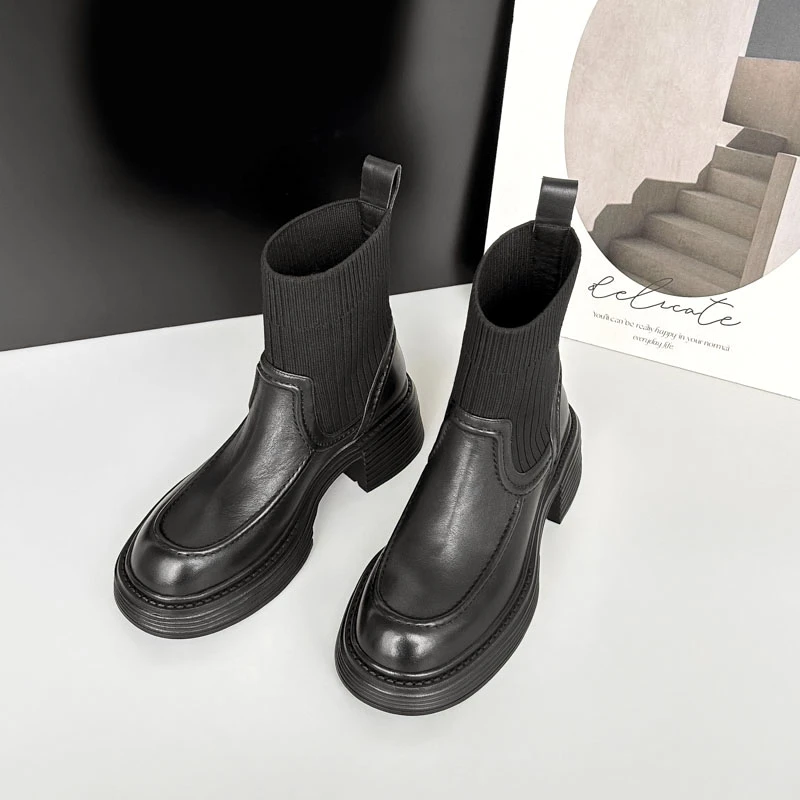 现货】778/FC5.5cm牛皮弹力短靴女秋冬加绒粗跟厚底英伦瘦瘦靴中跟