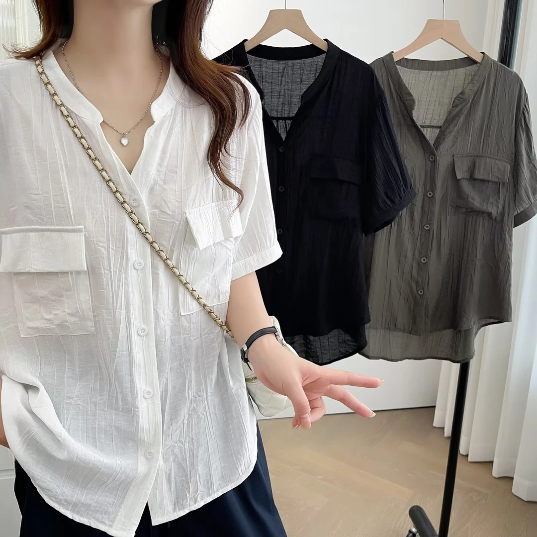 2025年夏季新款短袖常规吸汗百搭V领衬衫衬衣大码休闲lulu风