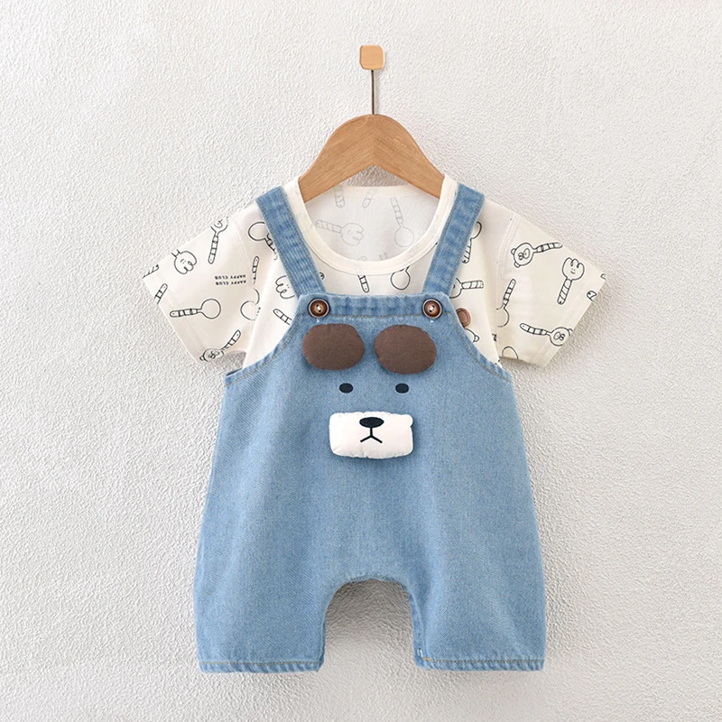 婴儿牛仔背带套装短袖哈衣萌娃男女宝宝外穿爬服幼儿衣服春装两件