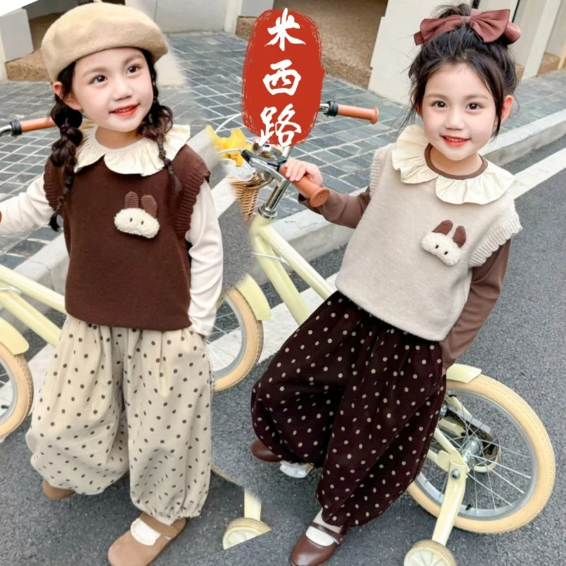 女童套装2025秋季新款儿童洋气针织马甲打底衫圆点休闲裤子三件套