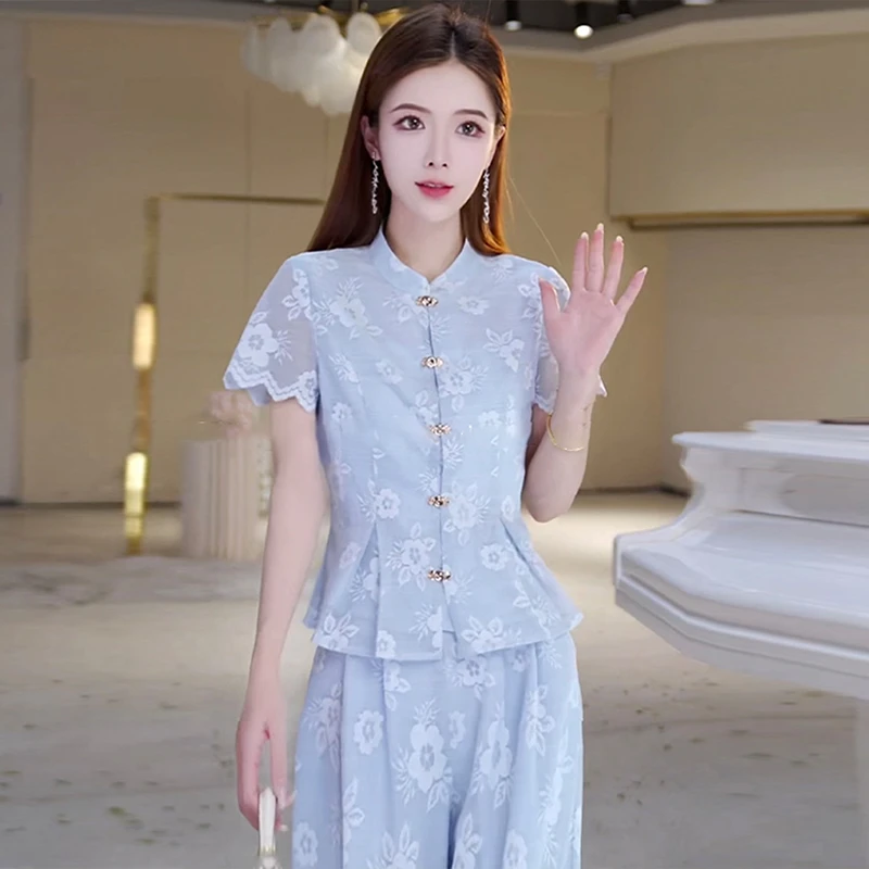 新中式时尚气质套装女2025年夏季新款收腰开衫上衣阔腿裤两件套潮