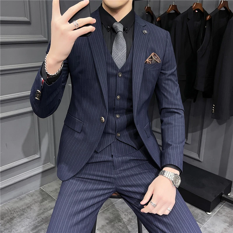 高级感气质暗条纹西服套装男韩版修身三件套痞帅潮流新郎结婚礼服