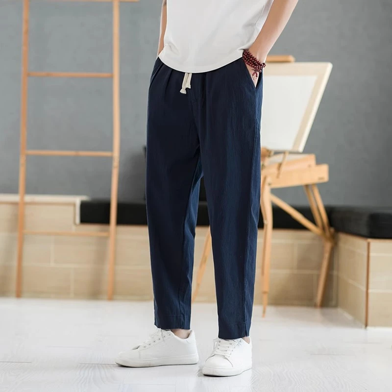 仓石一树潮牌亚麻裤男夏季薄款九分裤男士休闲直筒痞帅慵懒风男装