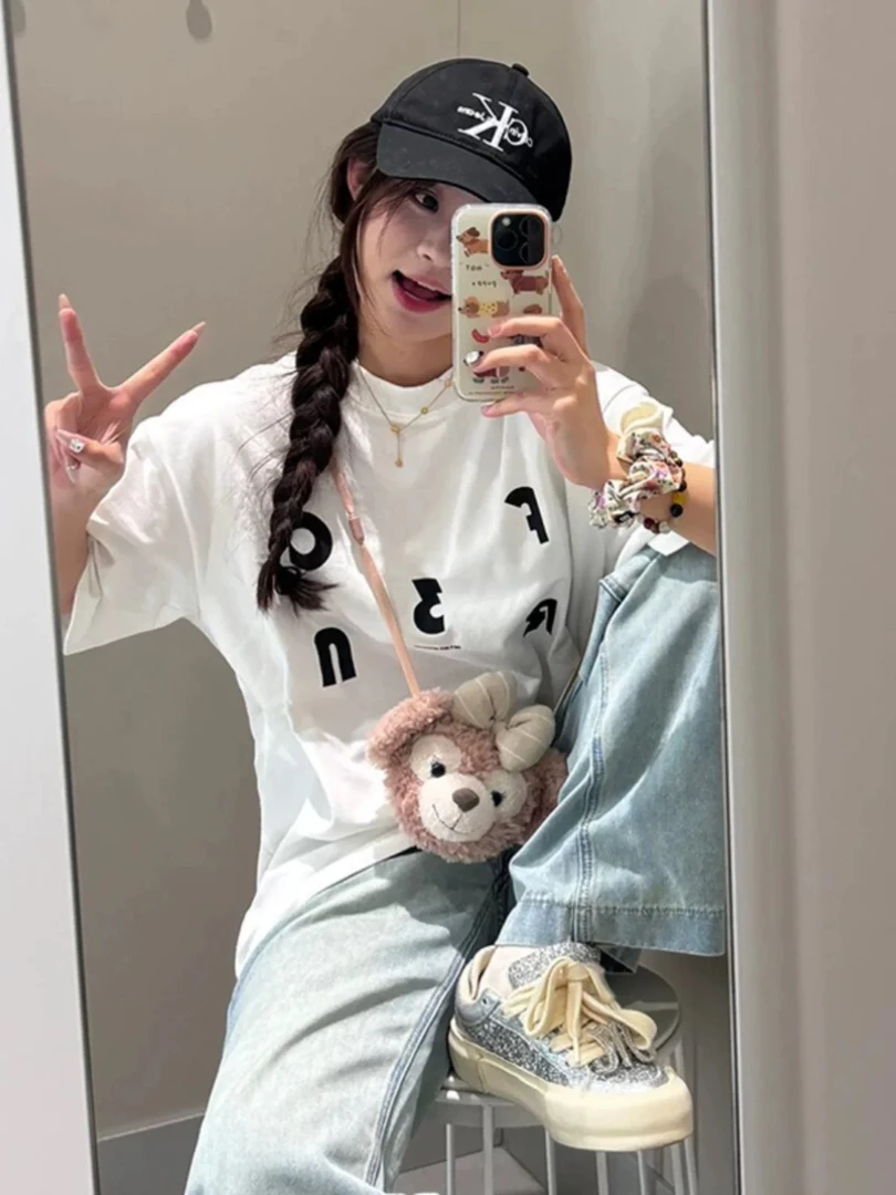 纯棉美式复古高级白色甜酷短袖t恤女2025夏季新款宽松显瘦上衣潮