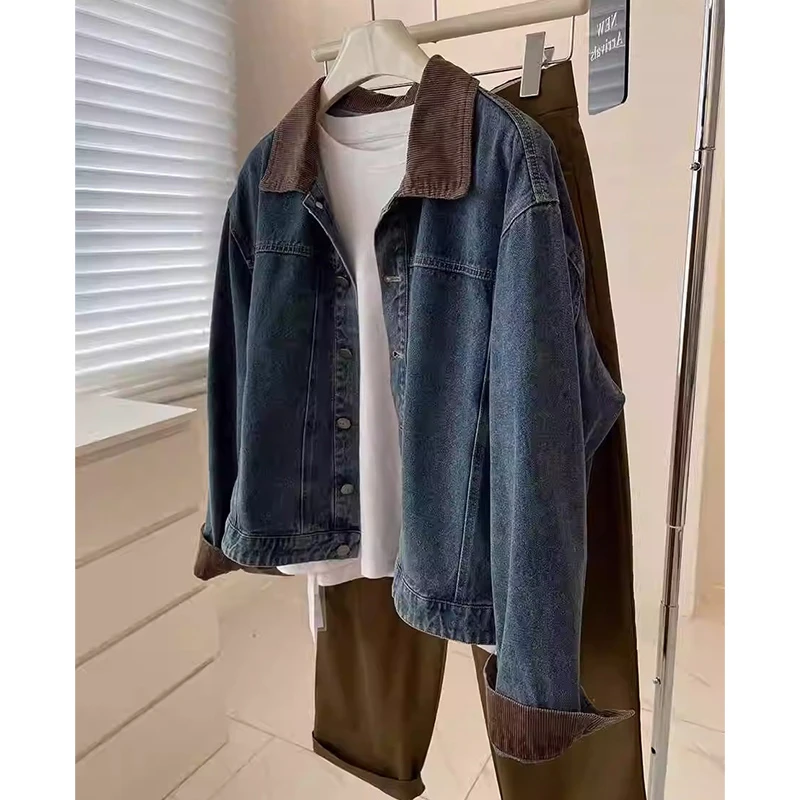 自留爆款推荐~复古灯芯绒拼接翻领牛仔外套女春秋小个子短款夹克