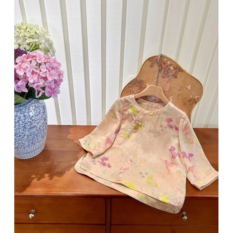 CCM新中式人丝提花衬衫女童2025夏季新款中国风短袖上衣印花衬衣