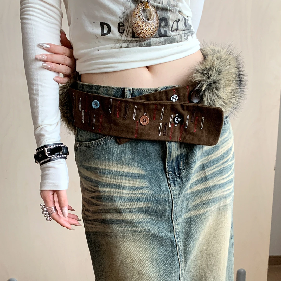 众糖果色甜酷宽腰封ins风纽饰仔裤个式腰牛仔潮流