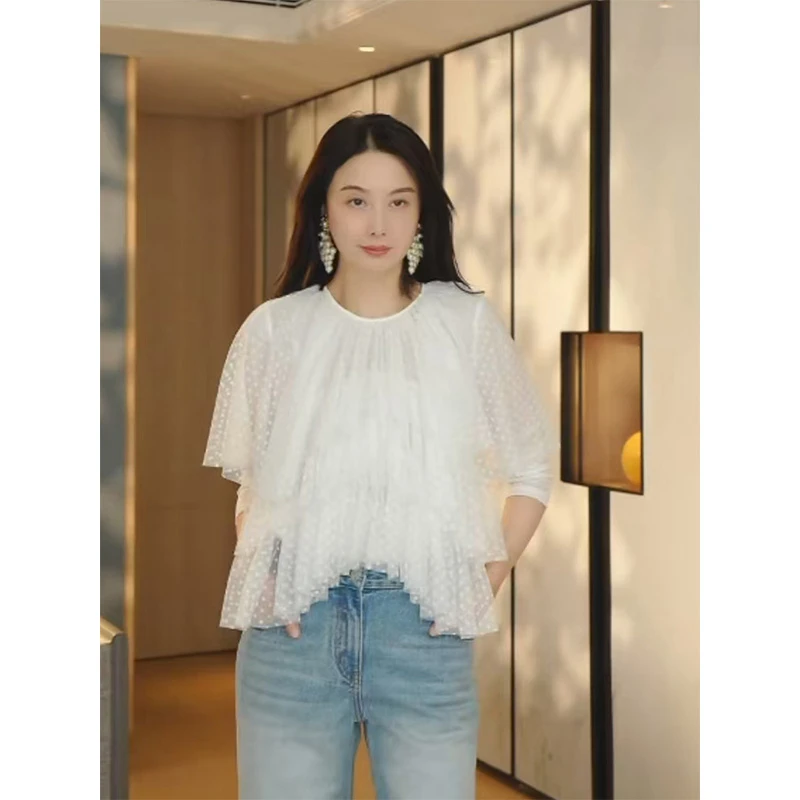 TRACYCHU高定如云似雾系列白色款多层蕾丝衬衫富家千金感洋气百搭