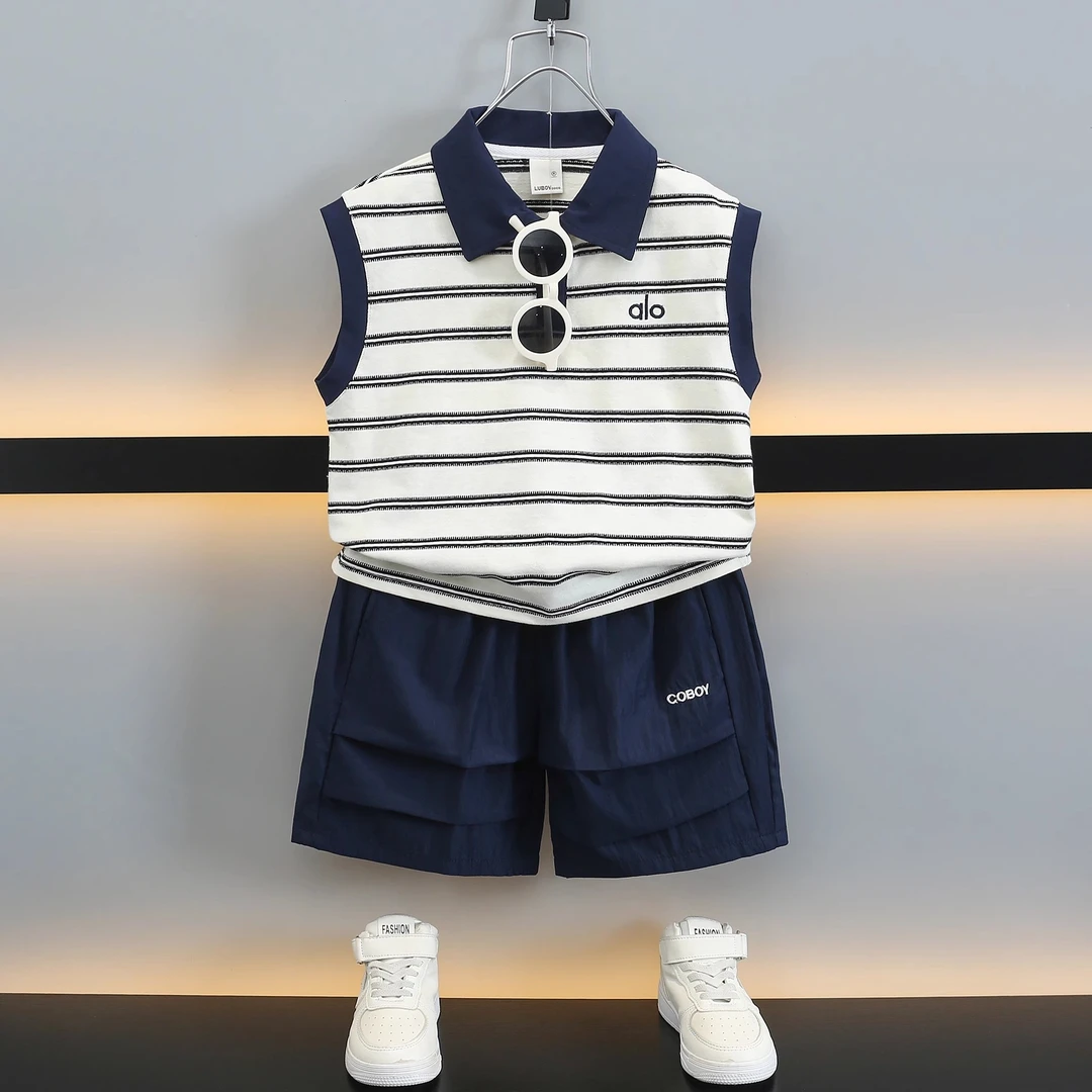 巴拉童年男童夏装无袖套装2025新款儿童夏季条纹背心两件套酷帅男