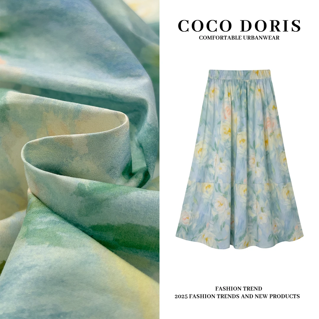 2025春夏新款松紧腰渲染印花半裙通勤休闲百搭半身裙8000