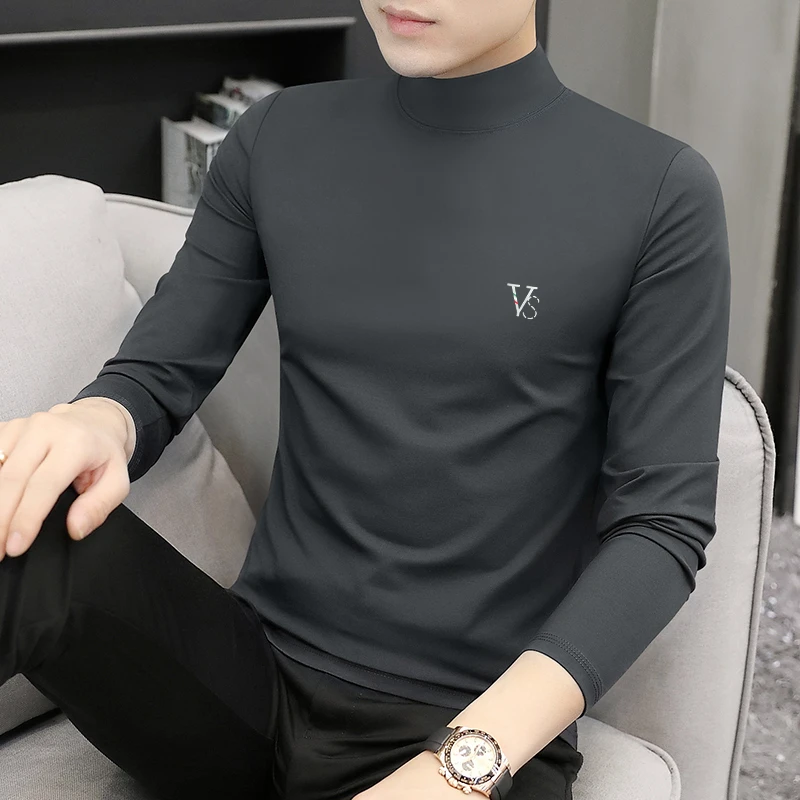 2025年新款男士半高领修身长袖莫代尔保暖加绒打底衫秋冬上衣服男