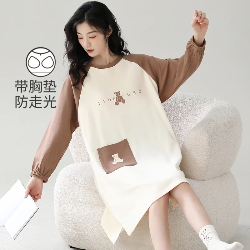 睡裙女春秋季100%纯棉薄款长袖带胸垫一体式大码睡衣连衣裙家居服