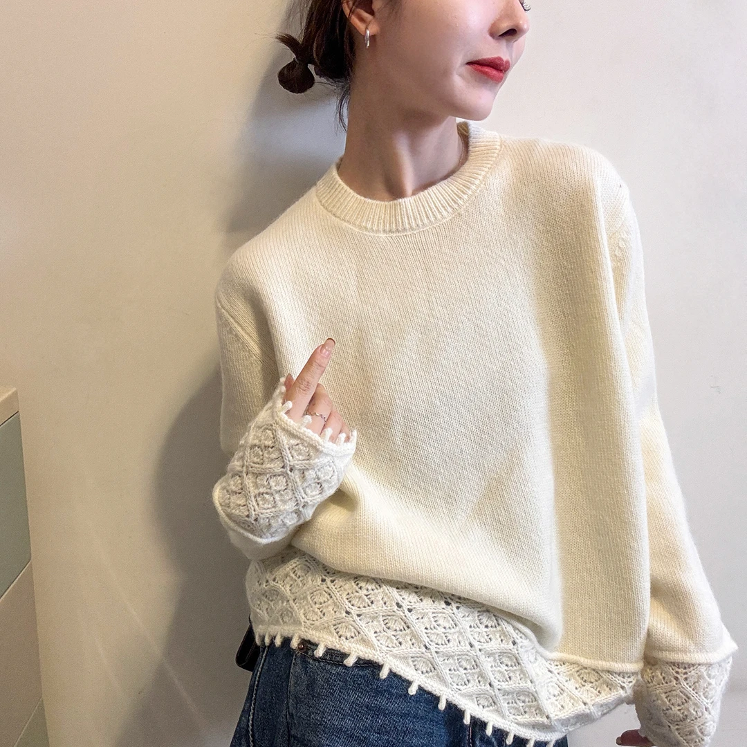 2025秋冬新款下摆镂空钩花设计感圆领针织衫女胖妹妹显瘦打底上衣
