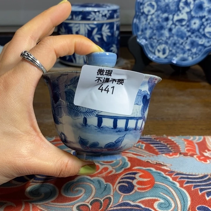青花瓷景德镇手绘芭蕉瑕疵手工盖碗