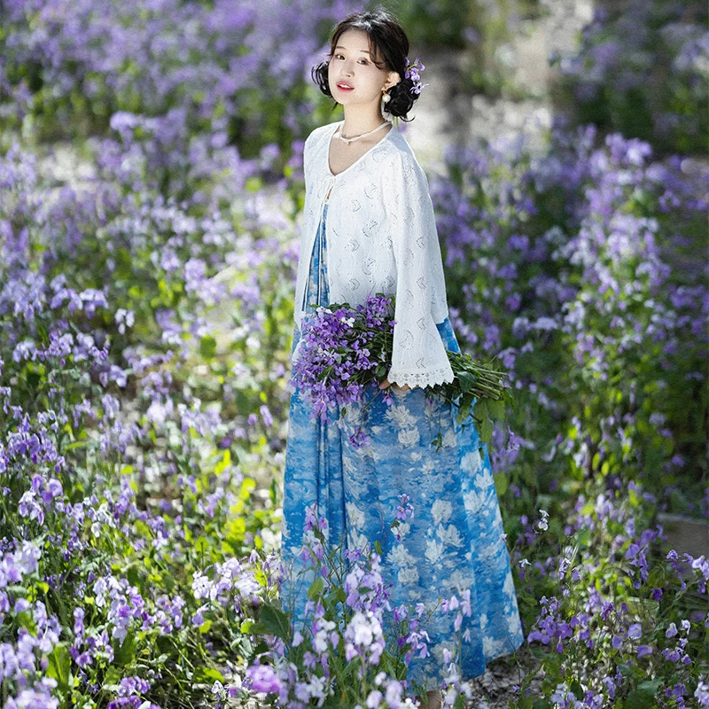 【奈莫の睡莲】精致印花吊带连衣裙外搭镂空针织开衫女2025年夏季