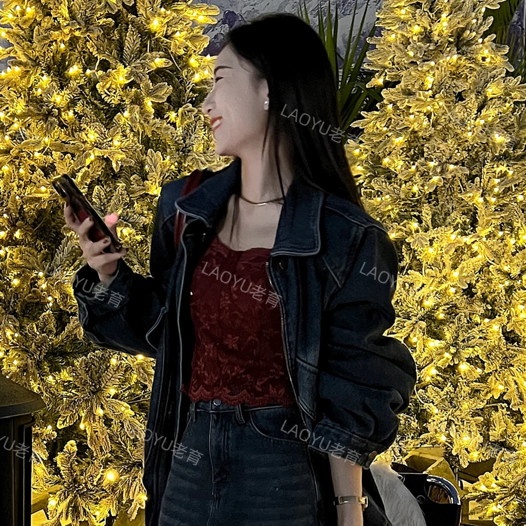 LAOYU（蕾丝背心）秋冬纯欲新款法式带胸垫磨毛蕾丝吊带背心美背