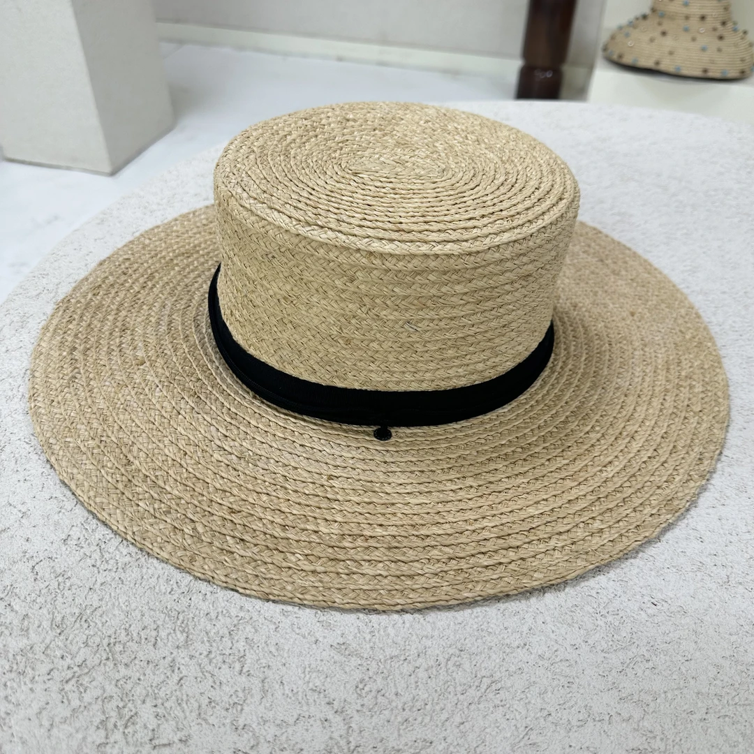法式浪漫进口拉菲草平顶简约轻奢草帽子女夏季度假户外遮阳防晒帽