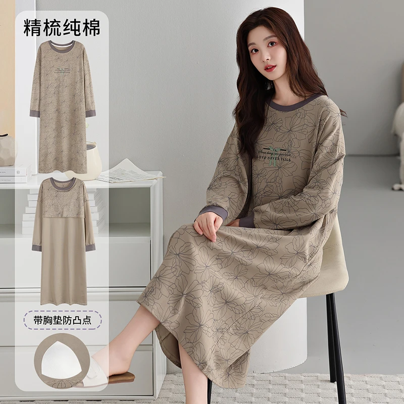自带胸垫100%纯棉睡衣女春秋长袖睡裙新款学生休闲韩版全棉家居服