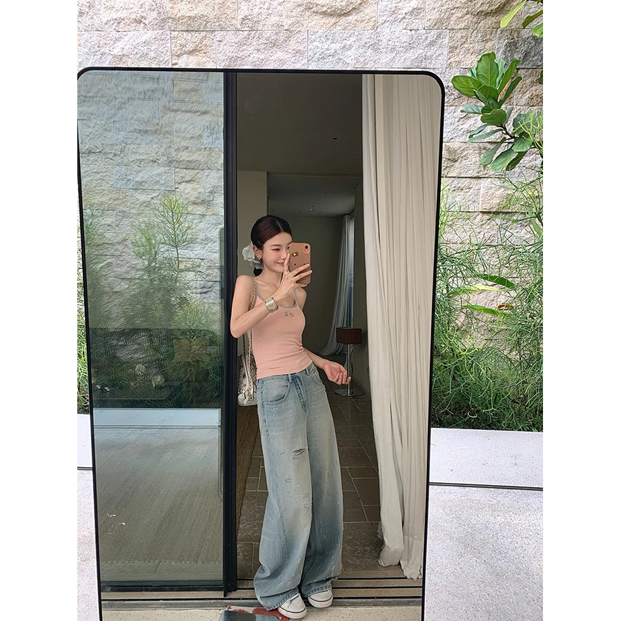 张贝贝 德拉旧街区 泼墨工艺 手工磨破酵洗直筒裤