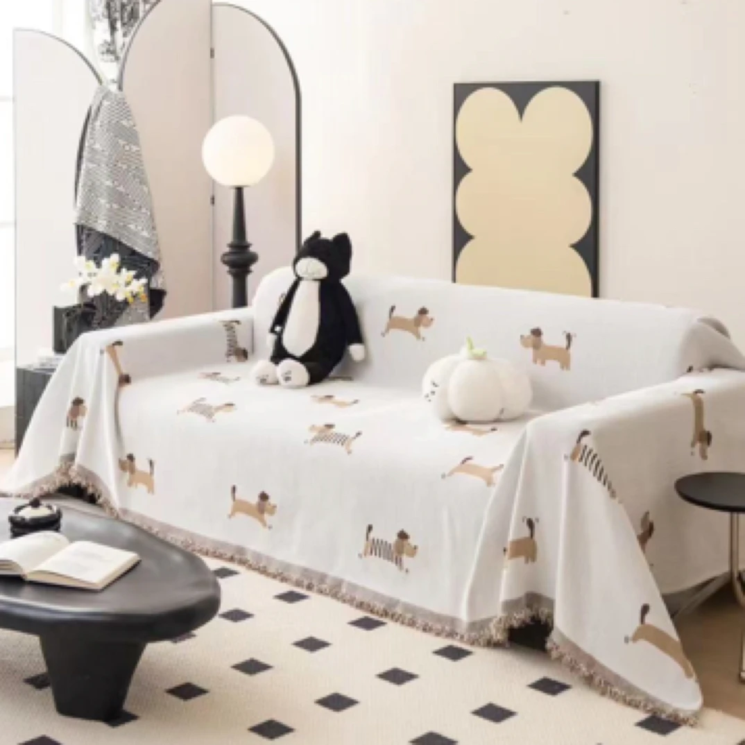 卡通狗雪尼尔沙发巾全包一体式透气防滑四季通用沙发巾全盖布