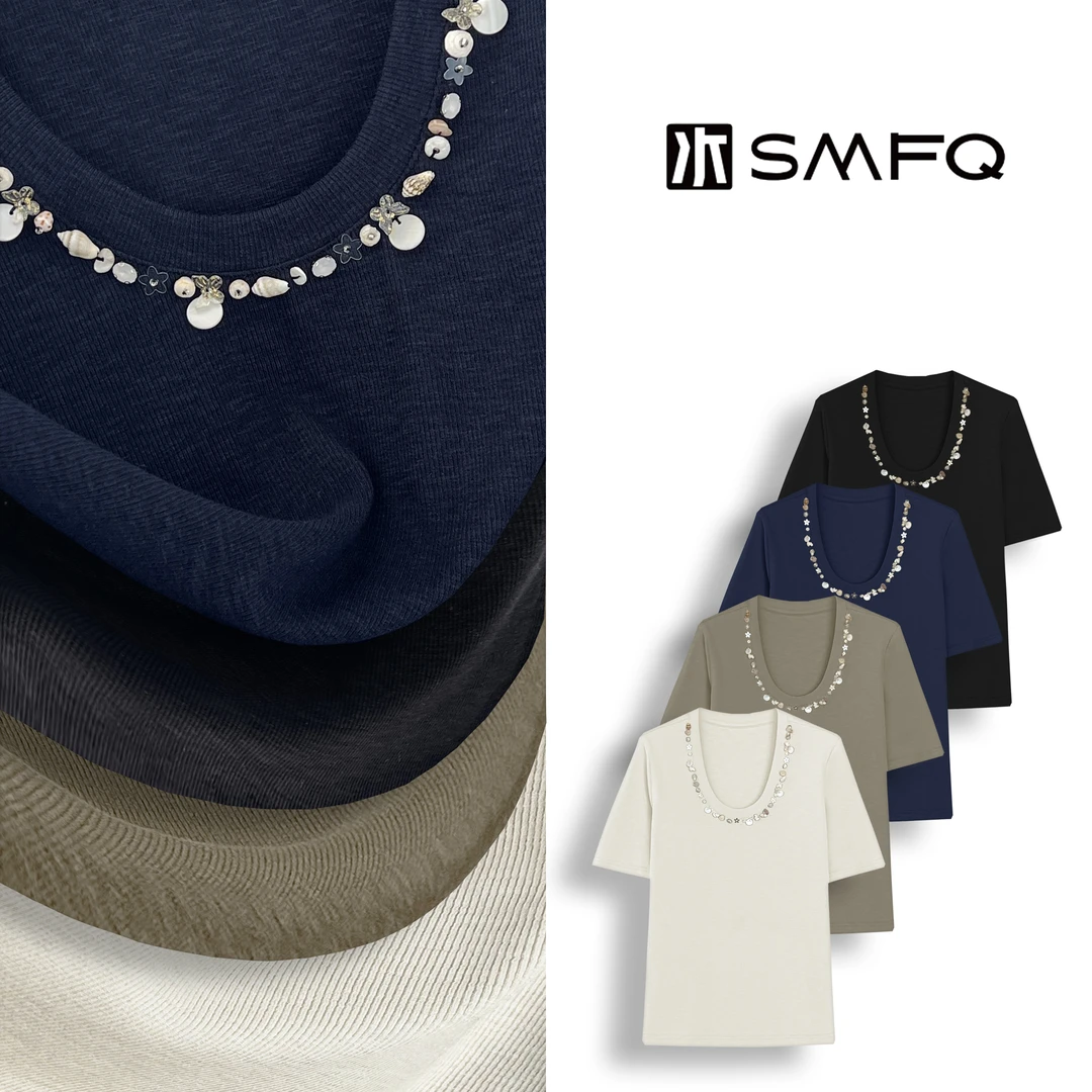 水木夫妻"贝壳精灵T"冰丝凉感显瘦夏季U领短袖T恤女SMGD0381