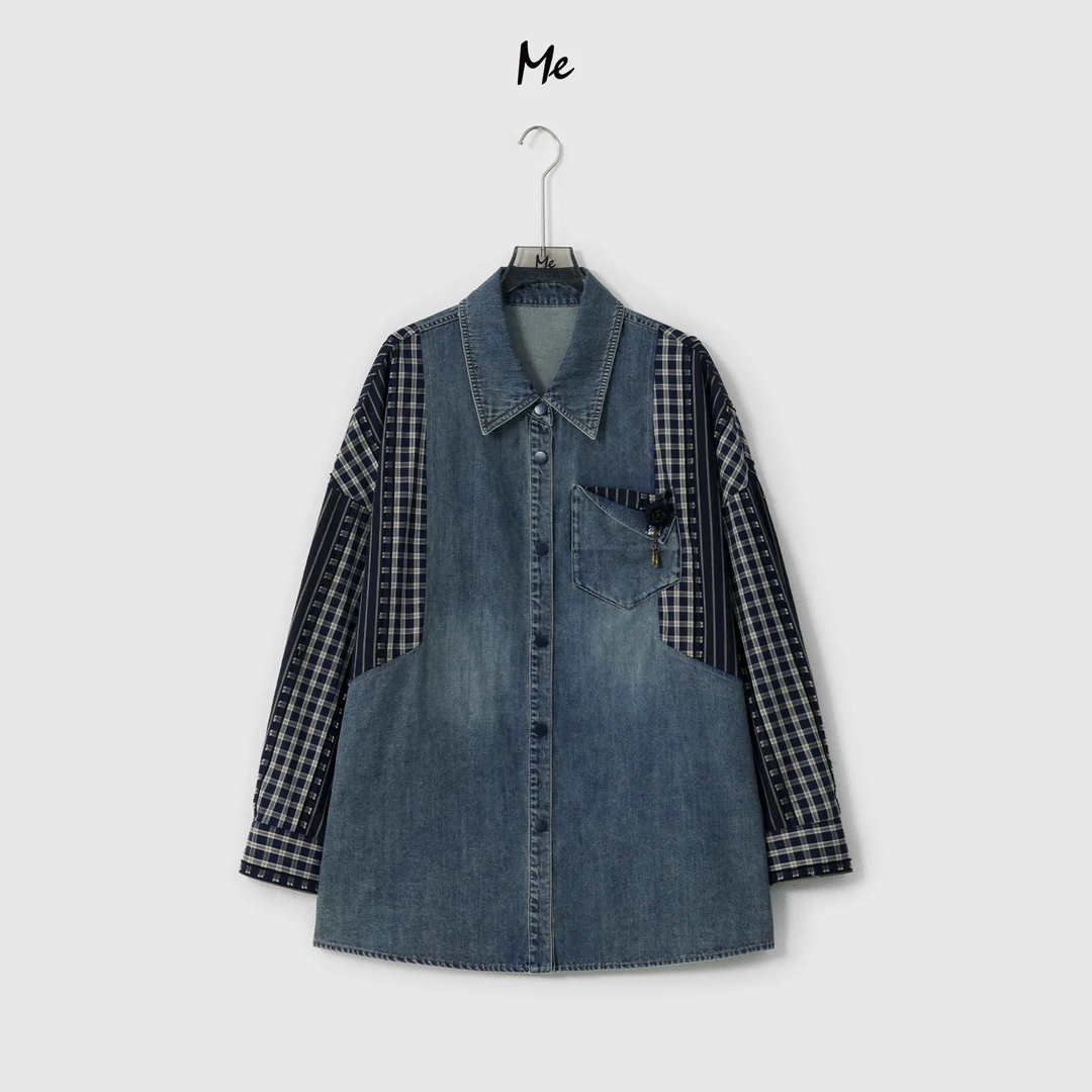 ME【苏格兰】100棉重工格纹拼接显瘦时尚百搭一手长外套MESA0742