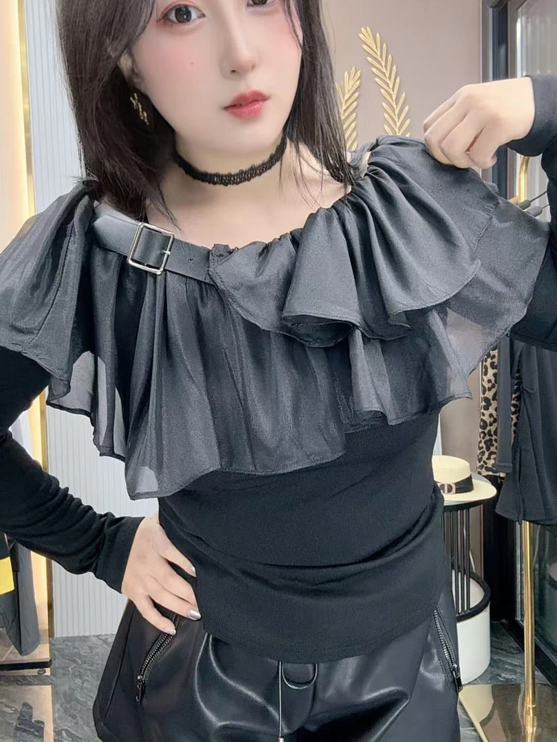 法式千金风长袖荷叶边T恤韩版一字肩拼接气质