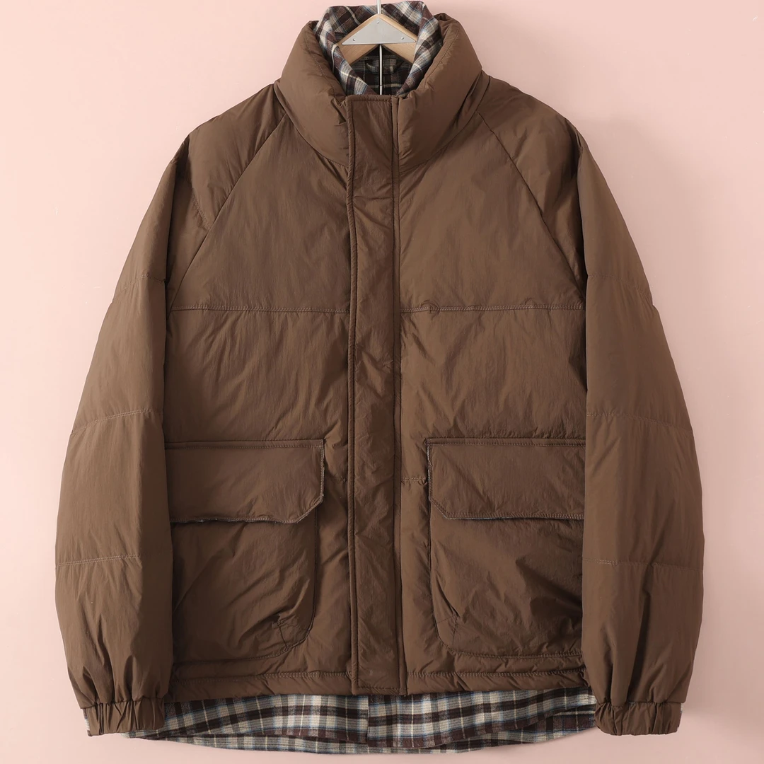 咖/冬日暖阳立领假两件衬衣叠穿冬季情侣棉服2708