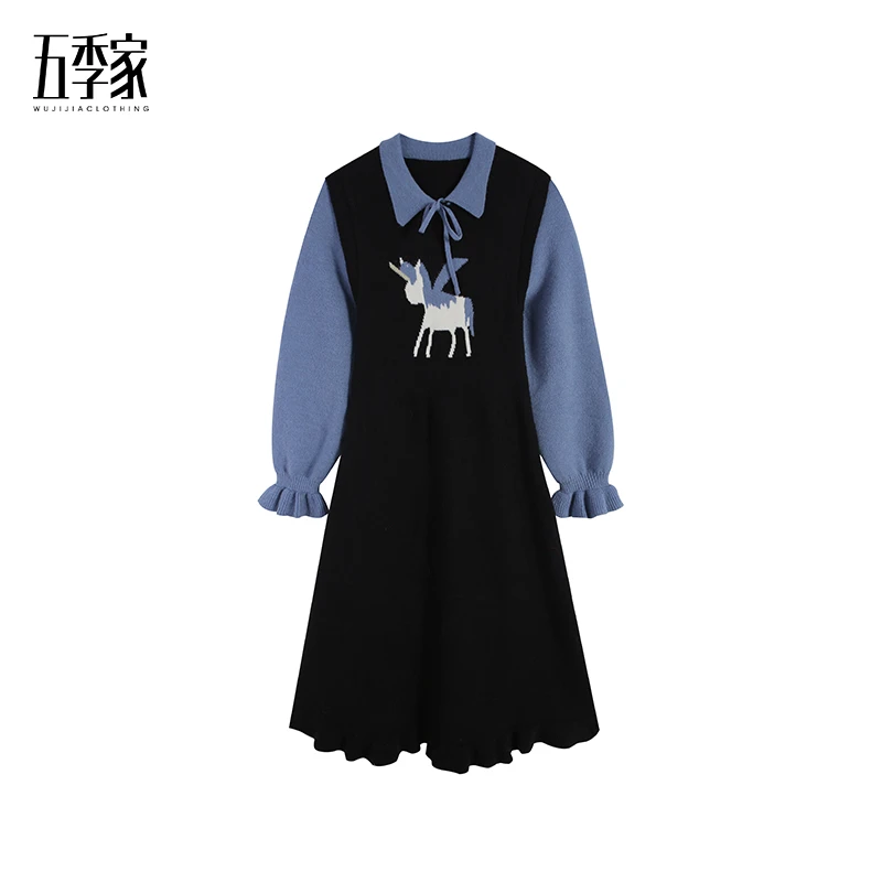 黑拼蓝假两件连衣裙秋冬ZL115253