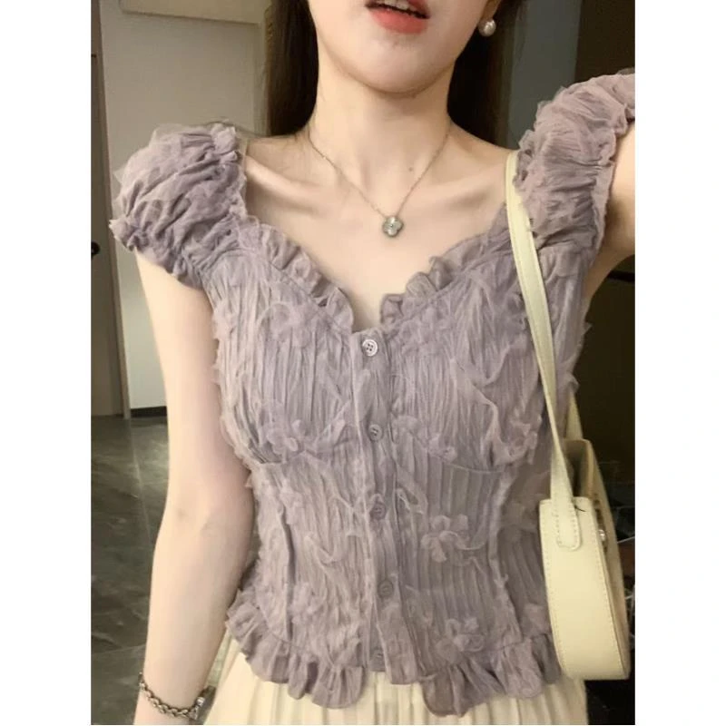 安璃 减龄温柔紫剪花V领上衣