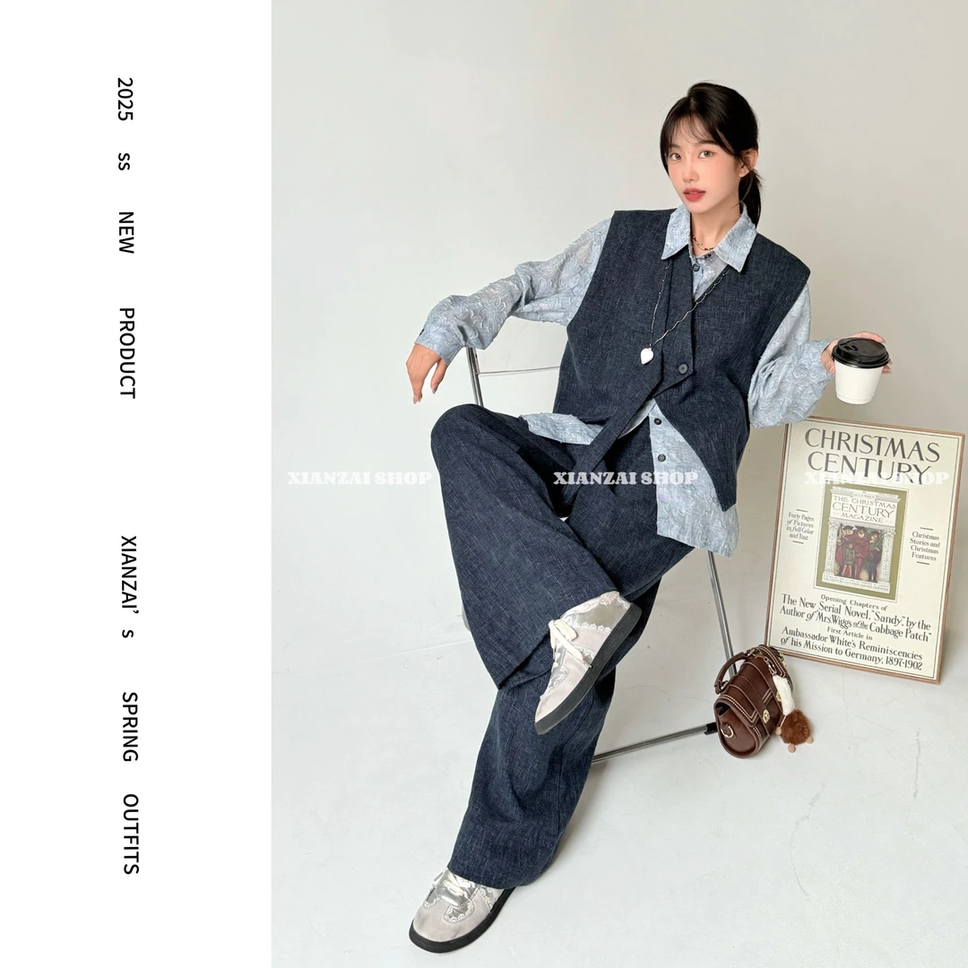 XIANZAI【寒蓝故事】秋冬反季时尚气质提花衬衫马甲阔腿裤三件套装