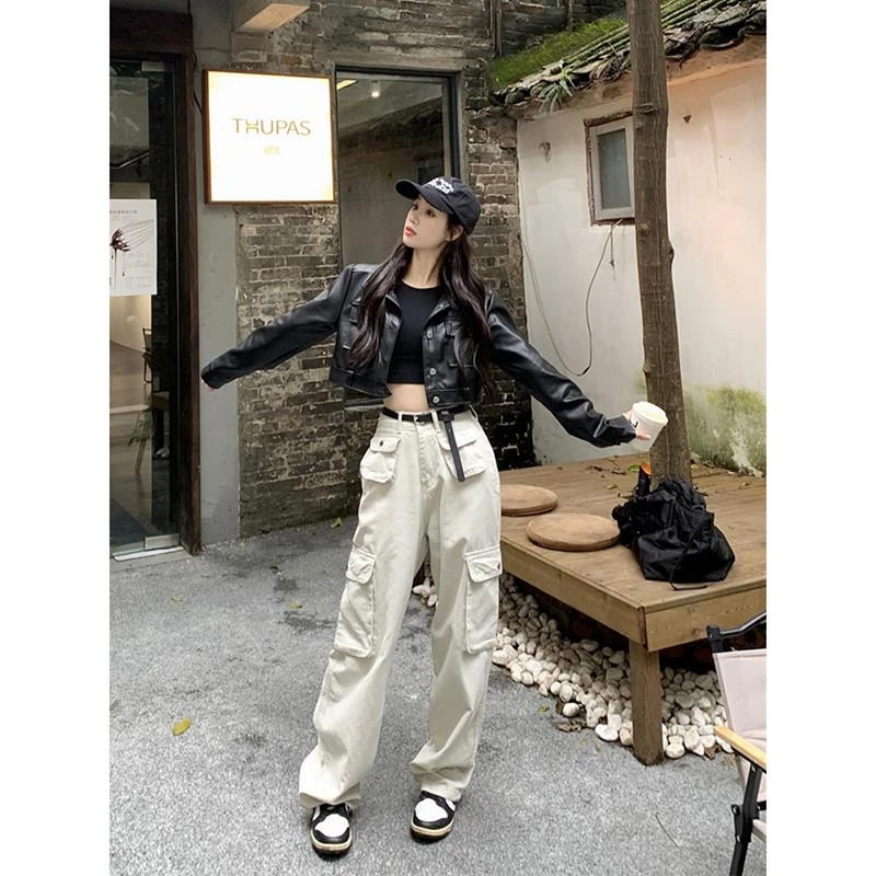 短款机车服皮衣外套工装阔腿长裤设计感女秋季2024新款时尚两件套