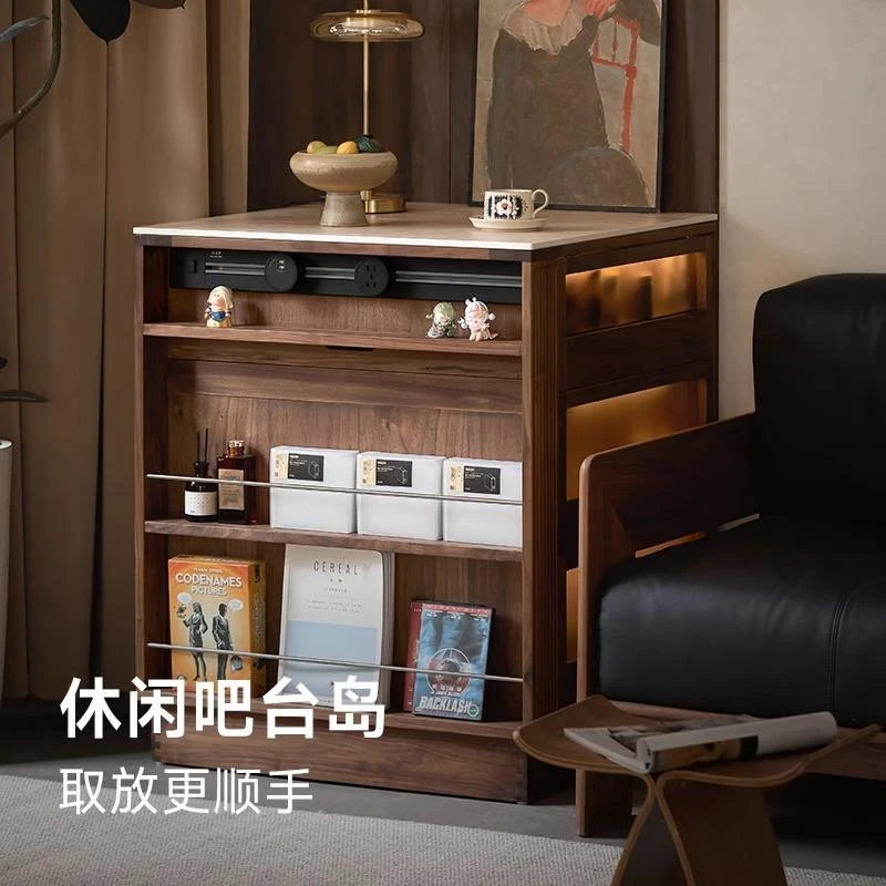 北美黑胡桃木窄岛台餐桌一体可伸缩实木中岛台餐桌一体2025新款