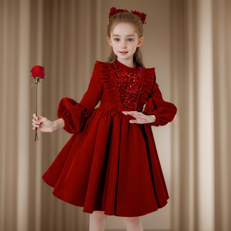 女童秋冬穿红色高领礼服裙高端儿童晚礼服婚纱连衣裙生日过年裙子